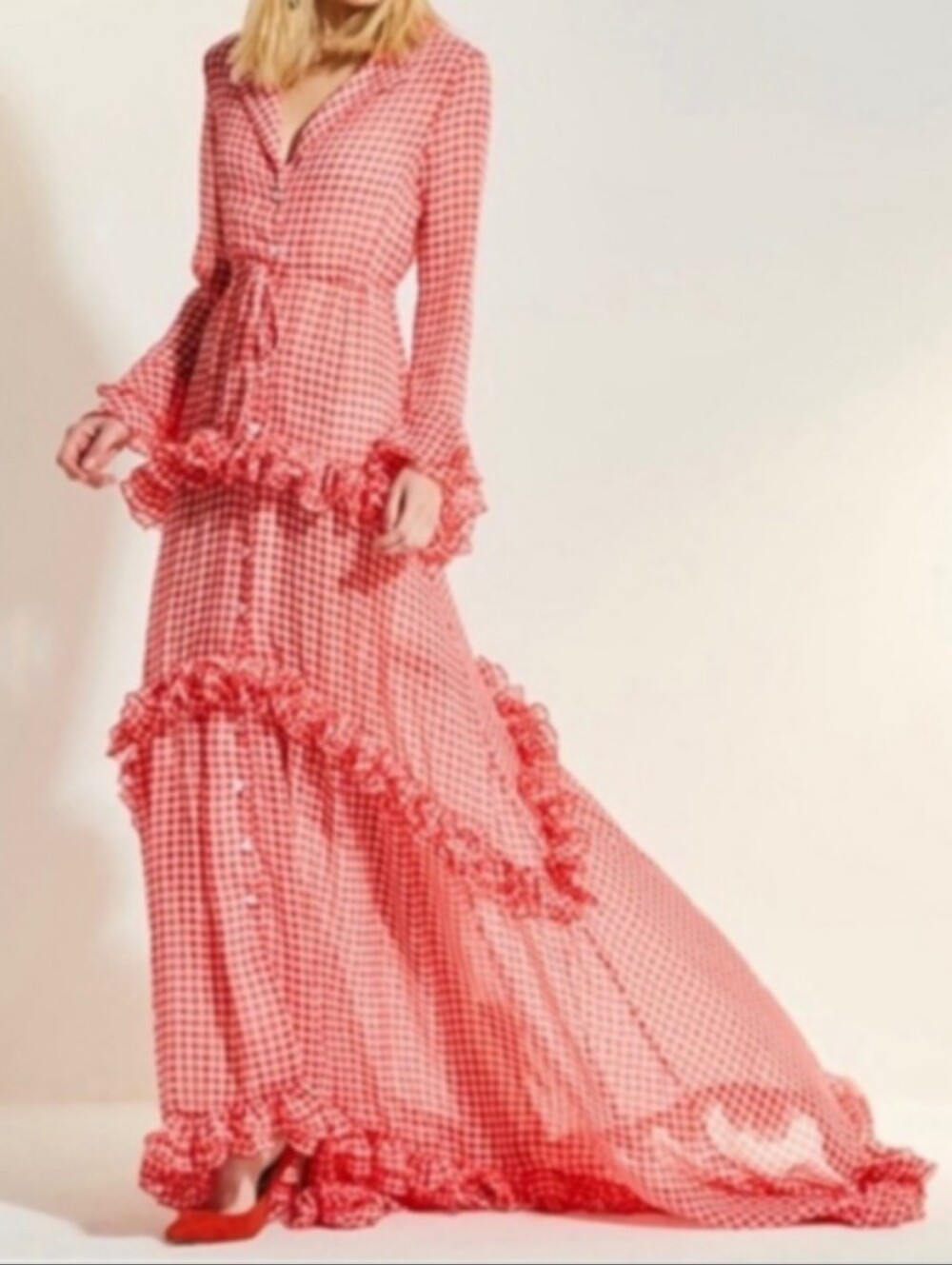Clocolor Incredible Long Salmon Red Tiered Gingham Ruffle Side Train Maxi Dress